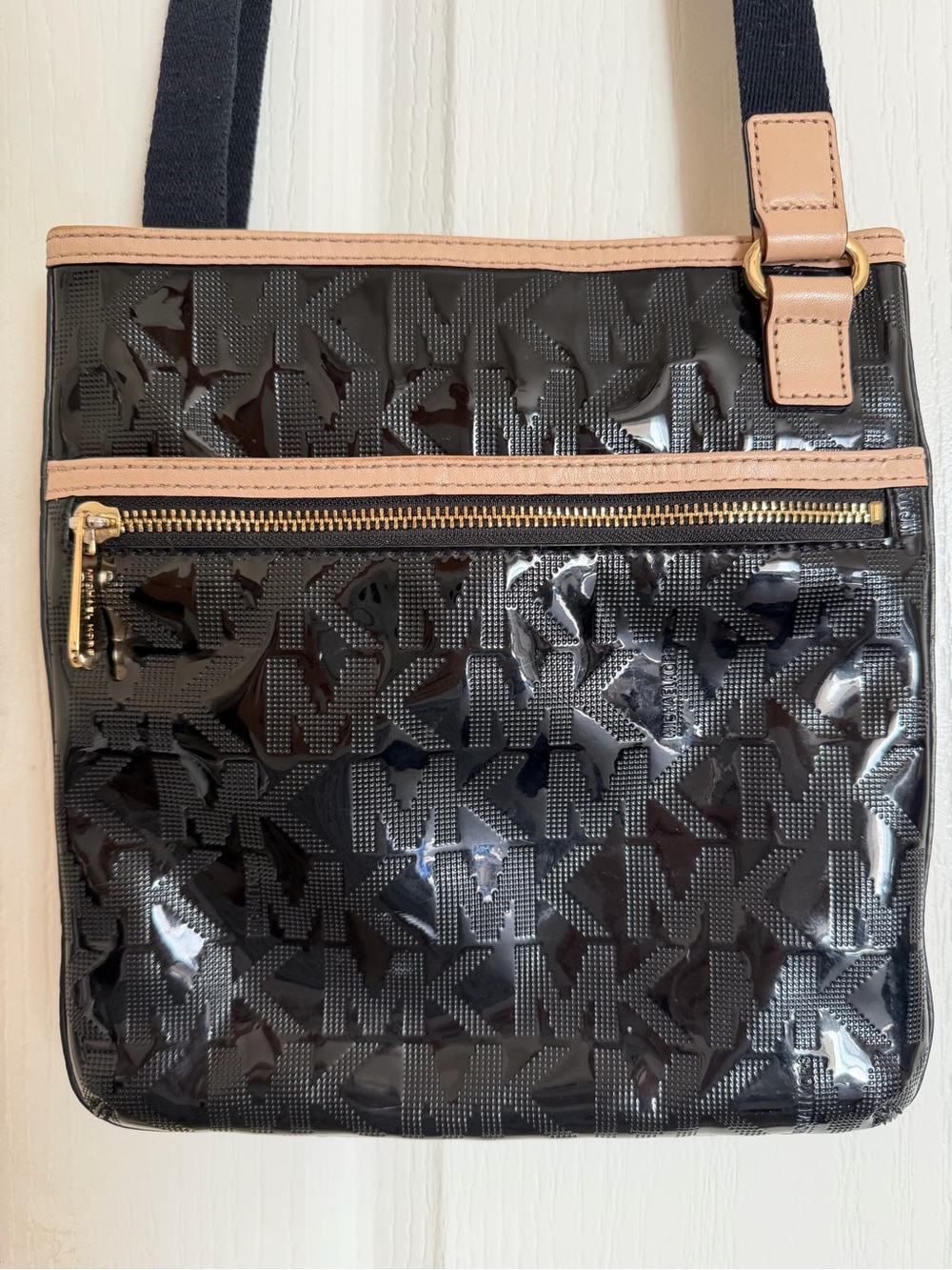 Michael Kors Black Patent MK Logo Crossbody Bag Tan Gold